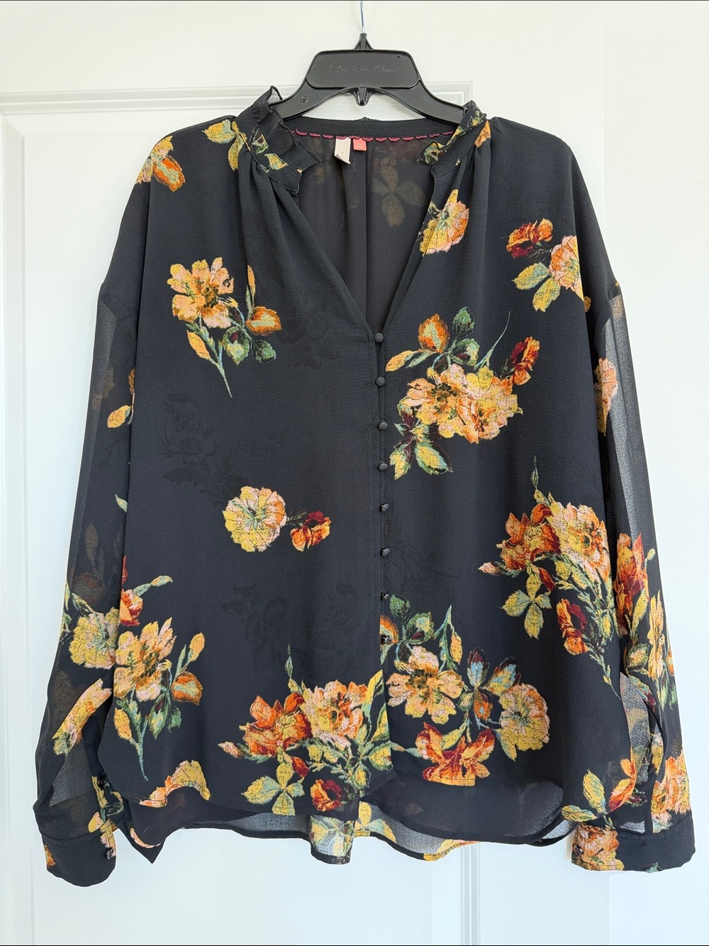 Anthropologie Black Floral Button-Front Blouse